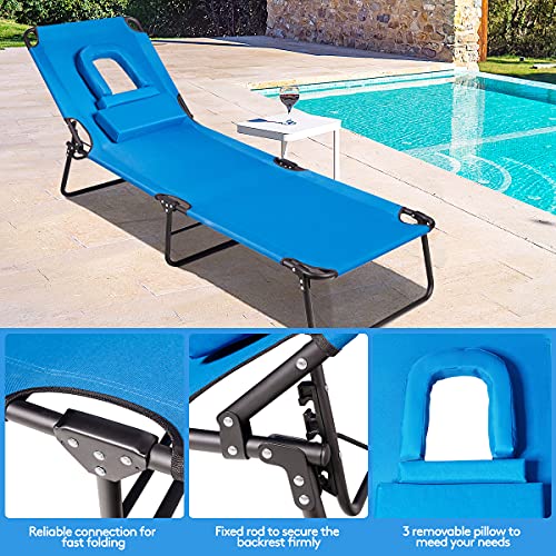 Giantex Beach Lounge Chair Chaise Lounge Chairs for Outside with Hole for Face,3 Adjustable Positions,Reclining Folding Lightweight Patio Lawn Chairs for Sunbathing Tanning Chair(1,Navy)