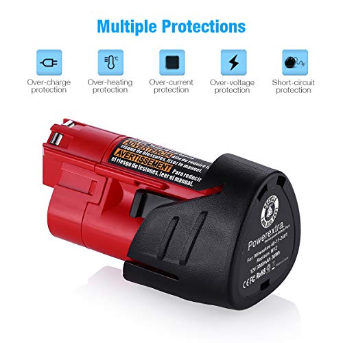 Powerextra 2 Pack 12V 3000mAh Lithium-ion Replacement Battery Compatible with Milwaukee M12 48-11-2411 48-11-2420 48-11-2401 48-11-2402 48-11-2401 12-Volt M12 Cordless Tools