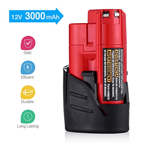 Powerextra 2 Pack 12V 3000mAh Lithium-ion Replacement Battery Compatible with Milwaukee M12 48-11-2411 48-11-2420 48-11-2401 48-11-2402 48-11-2401 12-Volt M12 Cordless Tools