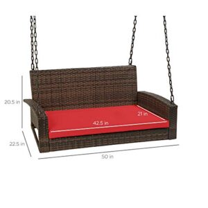 Best Choice Products Woven Wicker Outdoor Porch Swing, Hanging Patio Bench for Deck, Garden w/Mounting Chains, Seat Cushion - Brown/Red
