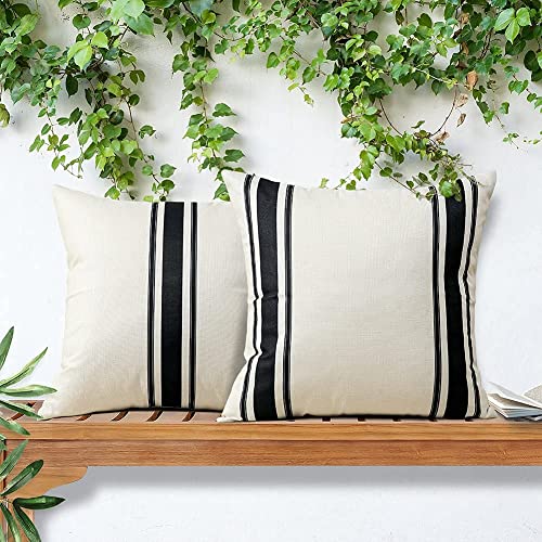 OTOSTAR Pack of 2 Outdoor Waterproof Decorative Pillow Covers 18x18 Inch Linen Geometry Pillowcases Cushion Case Garden Throw Pillow Covers Pillows Shell for Patio Furniture Couch Tent Balcony (Black)