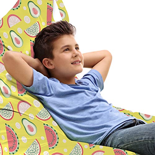 Ambesonne Fruits Lounger Chair Bag, Exotic Avocado Orange Dragonfruit Watermelon Lemon Modern Illustration, High Capacity Storage with Handle Container, Lounger Size, Yellow Pink and Green