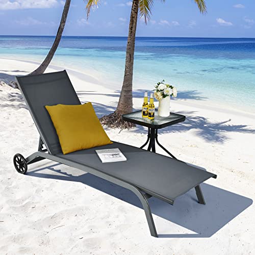 Giantex Patio Lounge Chairs for Pool Area, Outdoor Chaise Lounger with 6 Adjustable Position Smooth Wheels and Quick-Drying Fabric, Lawn Recliner for Backyard, Garden Sunbathing Chair (2, Gray)