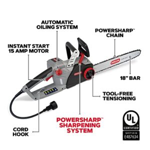 Oregon CS1500 18-inch 15 Amp Self-Sharpening Corded Electric Chainsaw, with Integrated Self-Sharpening System (PowerSharp), 2-Year Warranty, 120V