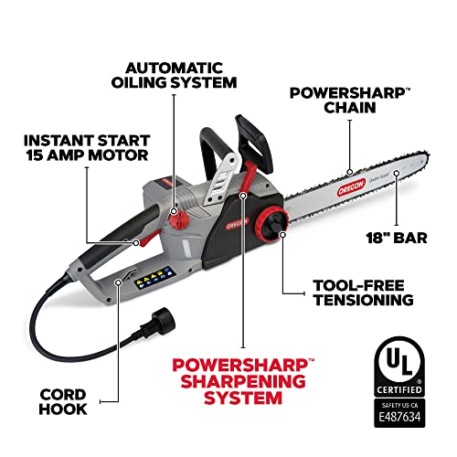 Oregon CS1500 18-inch 15 Amp Self-Sharpening Corded Electric Chainsaw, with Integrated Self-Sharpening System (PowerSharp), 2-Year Warranty, 120V