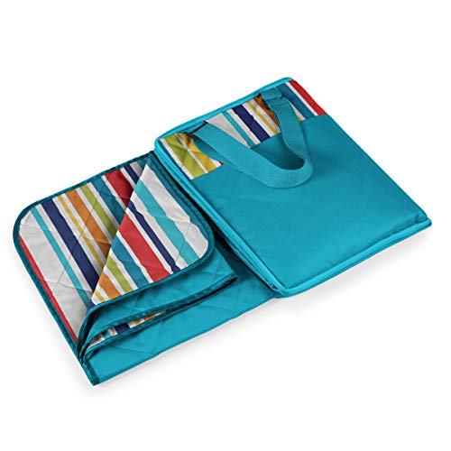 ONIVA - a Picnic Time brand - Vista Outdoor Picnic Blanket & Tote - Beach Blanket - Camping Blanket, (Fun Stripe Pattern with Aqua Blue Exterior)