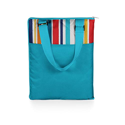 ONIVA - a Picnic Time brand - Vista Outdoor Picnic Blanket & Tote - Beach Blanket - Camping Blanket, (Fun Stripe Pattern with Aqua Blue Exterior)