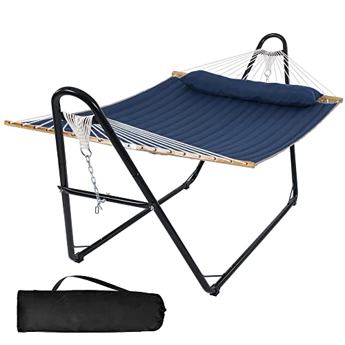 SUNCREAT Two Person Hammock with Stand and Large Soft Pillow, Extra Large Patio Hammock for Outdoor, Blue