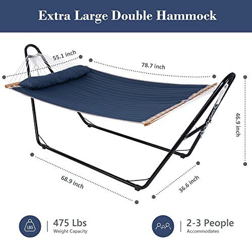 SUNCREAT Two Person Hammock with Stand and Large Soft Pillow, Extra Large Patio Hammock for Outdoor, Blue