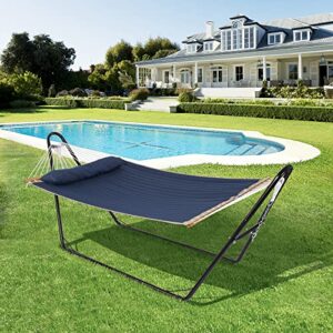 SUNCREAT Two Person Hammock with Stand and Large Soft Pillow, Extra Large Patio Hammock for Outdoor, Blue