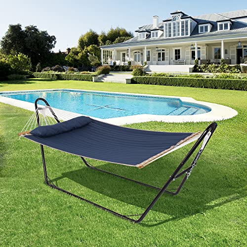 SUNCREAT Two Person Hammock with Stand and Large Soft Pillow, Extra Large Patio Hammock for Outdoor, Blue