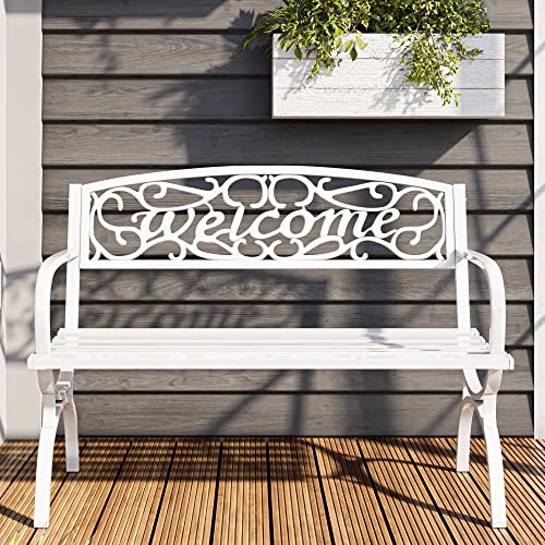 BELLEZE Outdoor Bench, 50-inch Patio Outdoor Garden Bench Cast Iron Metal Loveseat Chairs for Park, Porch, Lawn, Balcony, Backyard, Garden Accessories Antique Seat Furniture Welcome Design, White