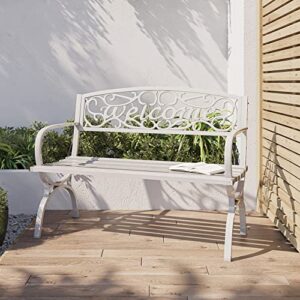 BELLEZE Outdoor Bench, 50-inch Patio Outdoor Garden Bench Cast Iron Metal Loveseat Chairs for Park, Porch, Lawn, Balcony, Backyard, Garden Accessories Antique Seat Furniture Welcome Design, White