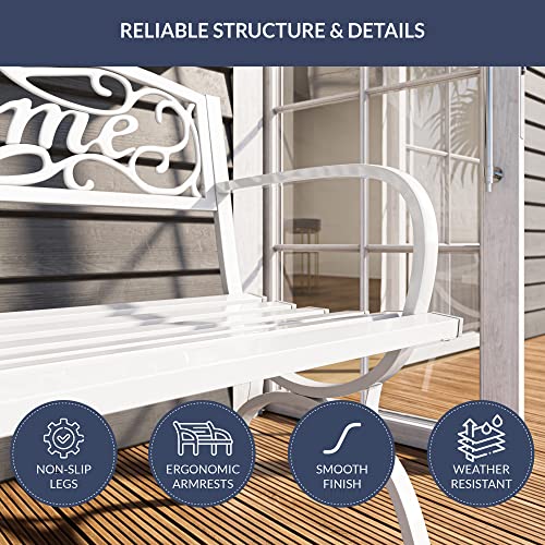 BELLEZE Outdoor Bench, 50-inch Patio Outdoor Garden Bench Cast Iron Metal Loveseat Chairs for Park, Porch, Lawn, Balcony, Backyard, Garden Accessories Antique Seat Furniture Welcome Design, White