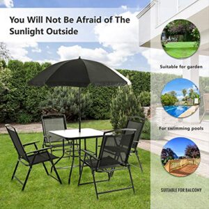 Vongrasig 6 Pieces Folding Patio Dining Set, All Weather Small Metal Outdoor Table and Chair Set, Garden Patio Furniture Set w/Umbrella, Glass Table & 4 Folding Chairs for Lawn, Deck, Backyard, Black