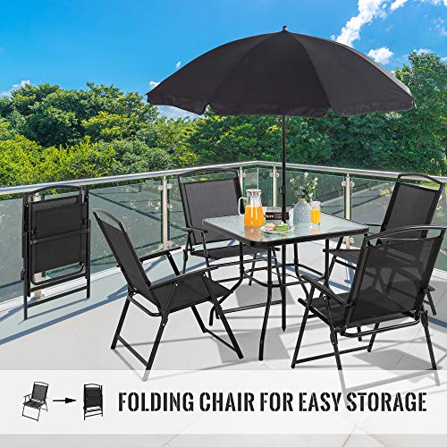 Vongrasig 6 Pieces Folding Patio Dining Set, All Weather Small Metal Outdoor Table and Chair Set, Garden Patio Furniture Set w/Umbrella, Glass Table & 4 Folding Chairs for Lawn, Deck, Backyard, Black