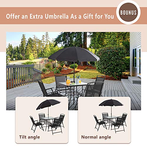 Vongrasig 6 Pieces Folding Patio Dining Set, All Weather Small Metal Outdoor Table and Chair Set, Garden Patio Furniture Set w/Umbrella, Glass Table & 4 Folding Chairs for Lawn, Deck, Backyard, Black