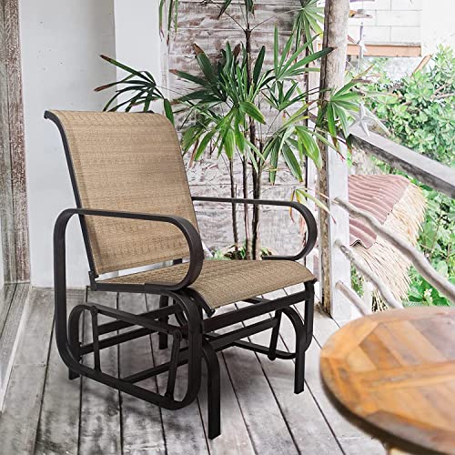 Outdoor Patio Glider Chair,Metal & Mesh Swing Rocking Lounge Comfortable Chair, for Outside Lawn,Backyard,Porch,Balcony,Pool, Brown