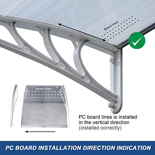 MCombo 38 inch x 116 inch Window Awning Outdoor Polycarbonate Door Shade Patio Cover Canopy, 6055-4012 (Pure White Bracket +Clear Hollow Sheet)