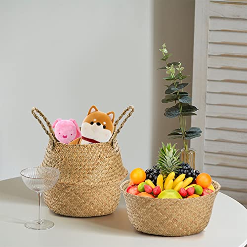Yesland 2 Pack Woven Seagrass Plant Basket with Handles, Ideal Wicker Baskets Storage Plant Pot Basket for Laundry, Picnic, Plant Pot Cover, Beach Bag and Grocery Basket (L)