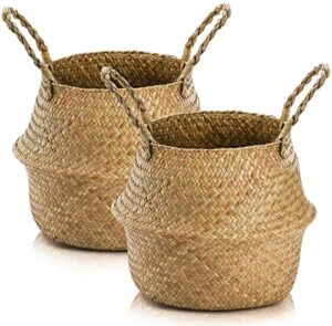 yesland 2 pack woven seagrass plant basket with handles, ideal wicker baskets storage plant pot basket for laundry, picnic, plant pot cover, beach bag and grocery basket (l)