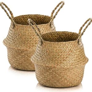 Yesland 2 Pack Woven Seagrass Plant Basket with Handles, Ideal Wicker Baskets Storage Plant Pot Basket for Laundry, Picnic, Plant Pot Cover, Beach Bag and Grocery Basket (L)