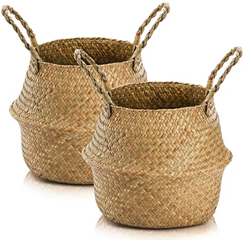 Yesland 2 Pack Woven Seagrass Plant Basket with Handles, Ideal Wicker Baskets Storage Plant Pot Basket for Laundry, Picnic, Plant Pot Cover, Beach Bag and Grocery Basket (L)