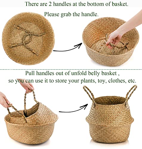 Yesland 2 Pack Woven Seagrass Plant Basket with Handles, Ideal Wicker Baskets Storage Plant Pot Basket for Laundry, Picnic, Plant Pot Cover, Beach Bag and Grocery Basket (L)