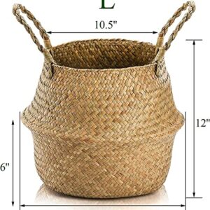 Yesland 2 Pack Woven Seagrass Plant Basket with Handles, Ideal Wicker Baskets Storage Plant Pot Basket for Laundry, Picnic, Plant Pot Cover, Beach Bag and Grocery Basket (L)