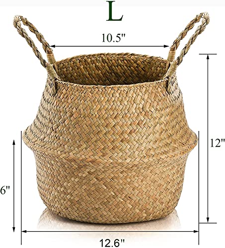 Yesland 2 Pack Woven Seagrass Plant Basket with Handles, Ideal Wicker Baskets Storage Plant Pot Basket for Laundry, Picnic, Plant Pot Cover, Beach Bag and Grocery Basket (L)