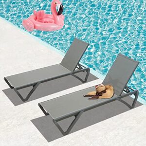 Domi Pool Lounge Chairs Set of 2, Adjustable Aluminum Plastic Outdoor Chaise Lounge, All Weather for Outside Beach Poolside Lawn-Grey Textilene