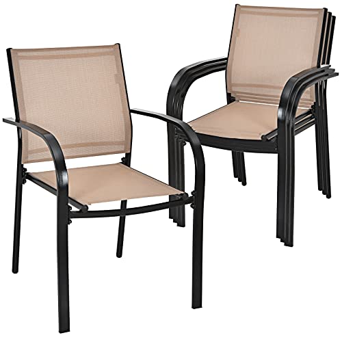 Giantex Set of 4 Outdoor Patio Chairs, Stackable Lawn Chairs with Armrests and Breathable Fabric, 4 Pack Bistro Chairs for Porch Garden Backyard Poolside, Brown & Black