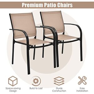 Giantex Set of 4 Outdoor Patio Chairs, Stackable Lawn Chairs with Armrests and Breathable Fabric, 4 Pack Bistro Chairs for Porch Garden Backyard Poolside, Brown & Black