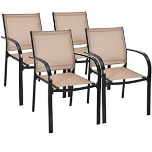 Giantex Set of 4 Outdoor Patio Chairs, Stackable Lawn Chairs with Armrests and Breathable Fabric, 4 Pack Bistro Chairs for Porch Garden Backyard Poolside, Brown & Black