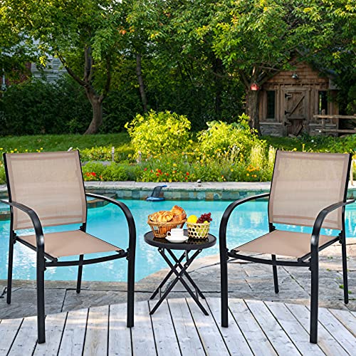 Giantex Set of 4 Outdoor Patio Chairs, Stackable Lawn Chairs with Armrests and Breathable Fabric, 4 Pack Bistro Chairs for Porch Garden Backyard Poolside, Brown & Black