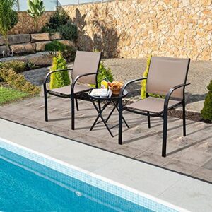 Giantex Set of 4 Outdoor Patio Chairs, Stackable Lawn Chairs with Armrests and Breathable Fabric, 4 Pack Bistro Chairs for Porch Garden Backyard Poolside, Brown & Black