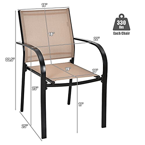 Giantex Set of 4 Outdoor Patio Chairs, Stackable Lawn Chairs with Armrests and Breathable Fabric, 4 Pack Bistro Chairs for Porch Garden Backyard Poolside, Brown & Black