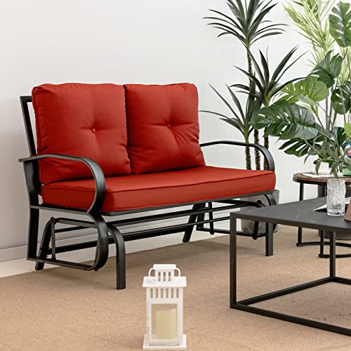 Giantex 2 Seats Glider Bench for Outside, Patio Glider Porch Loveseat w/Cushions & Powder Coated Steel Frame, Double-Seat Outdoor Glider for Patio, Garden, Backyard (Red)