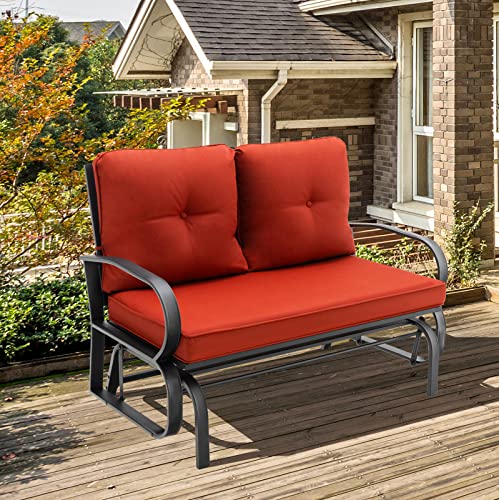 Giantex 2 Seats Glider Bench for Outside, Patio Glider Porch Loveseat w/Cushions & Powder Coated Steel Frame, Double-Seat Outdoor Glider for Patio, Garden, Backyard (Red)