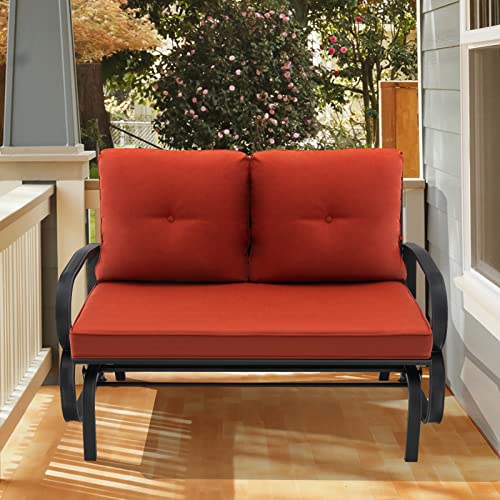 Giantex 2 Seats Glider Bench for Outside, Patio Glider Porch Loveseat w/Cushions & Powder Coated Steel Frame, Double-Seat Outdoor Glider for Patio, Garden, Backyard (Red)