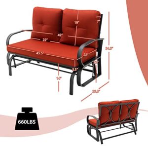 Giantex 2 Seats Glider Bench for Outside, Patio Glider Porch Loveseat w/Cushions & Powder Coated Steel Frame, Double-Seat Outdoor Glider for Patio, Garden, Backyard (Red)