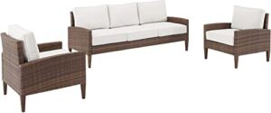 crosley furniture ko70193br-cr capella outdoor wicker 3-piece sofa set (sofa, 2 armchairs), brown with creme cushions
