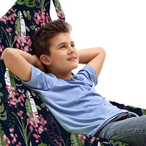 ambesonne botanical lounger chair bag, pink tropical flowers and green exotic leaves on dark blue background natural art, high capacity storage with handle container, lounger size, multicolor