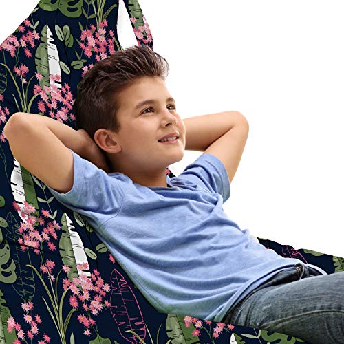 Ambesonne Botanical Lounger Chair Bag, Pink Tropical Flowers and Green Exotic Leaves on Dark Blue Background Natural Art, High Capacity Storage with Handle Container, Lounger Size, Multicolor