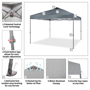 CROWN SHADES Canopy Tent 10x10 One Push Pop up Canopy Easy Up Canopy Bonus Carry Bag, 8 Stakes, 4 Ropes, Grey