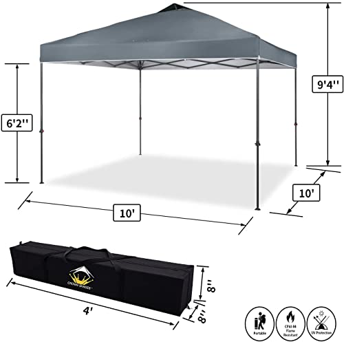 CROWN SHADES Canopy Tent 10x10 One Push Pop up Canopy Easy Up Canopy Bonus Carry Bag, 8 Stakes, 4 Ropes, Grey