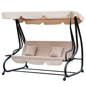 Outdoor 3-Person Patio Porch Swing Hammock Bench with Adjustable Canopy Beige