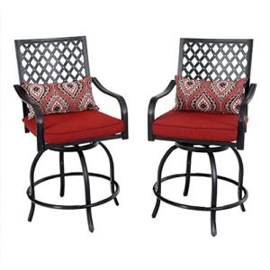 PHI VILLA Outdoor Swivel Bar Stools Set of 2, 27.5" Bar Height Patio Chairs with Red Seat Cushion, Extra Wide Bar Stools with Armrest & Back, Coating Old Craft (Pillow Included)