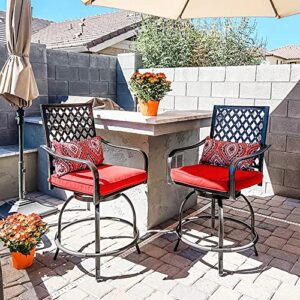 PHI VILLA Outdoor Swivel Bar Stools Set of 2, 27.5" Bar Height Patio Chairs with Red Seat Cushion, Extra Wide Bar Stools with Armrest & Back, Coating Old Craft (Pillow Included)