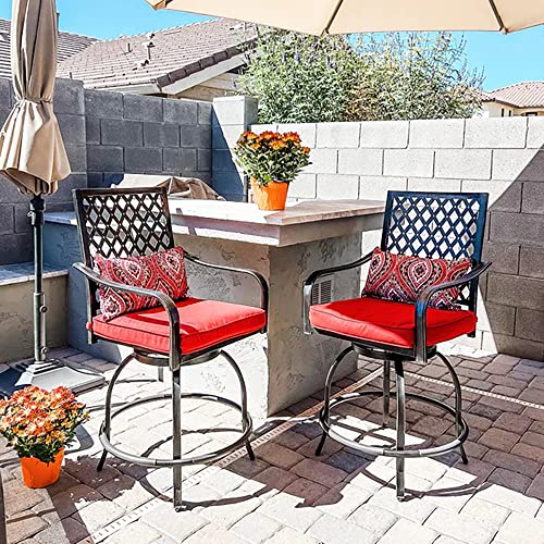 PHI VILLA Outdoor Swivel Bar Stools Set of 2, 27.5" Bar Height Patio Chairs with Red Seat Cushion, Extra Wide Bar Stools with Armrest & Back, Coating Old Craft (Pillow Included)